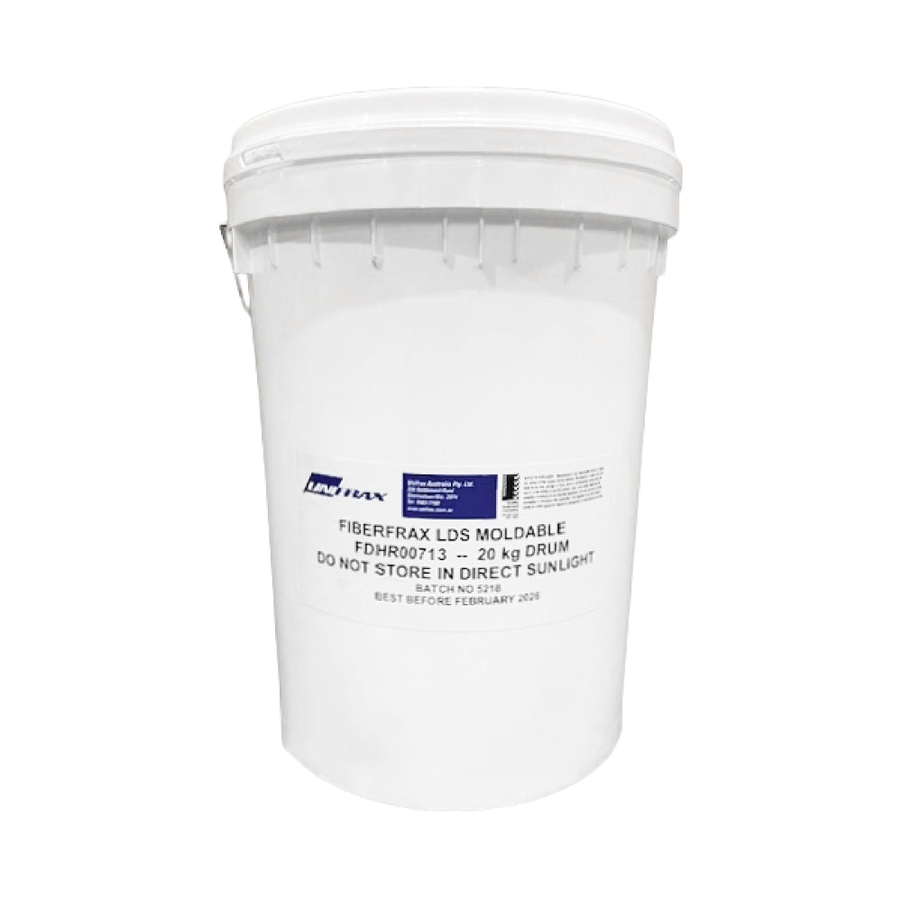 Fiberfrax LDS Moldable white plastic bucket, used for high-temperature insulation and refractory repairs