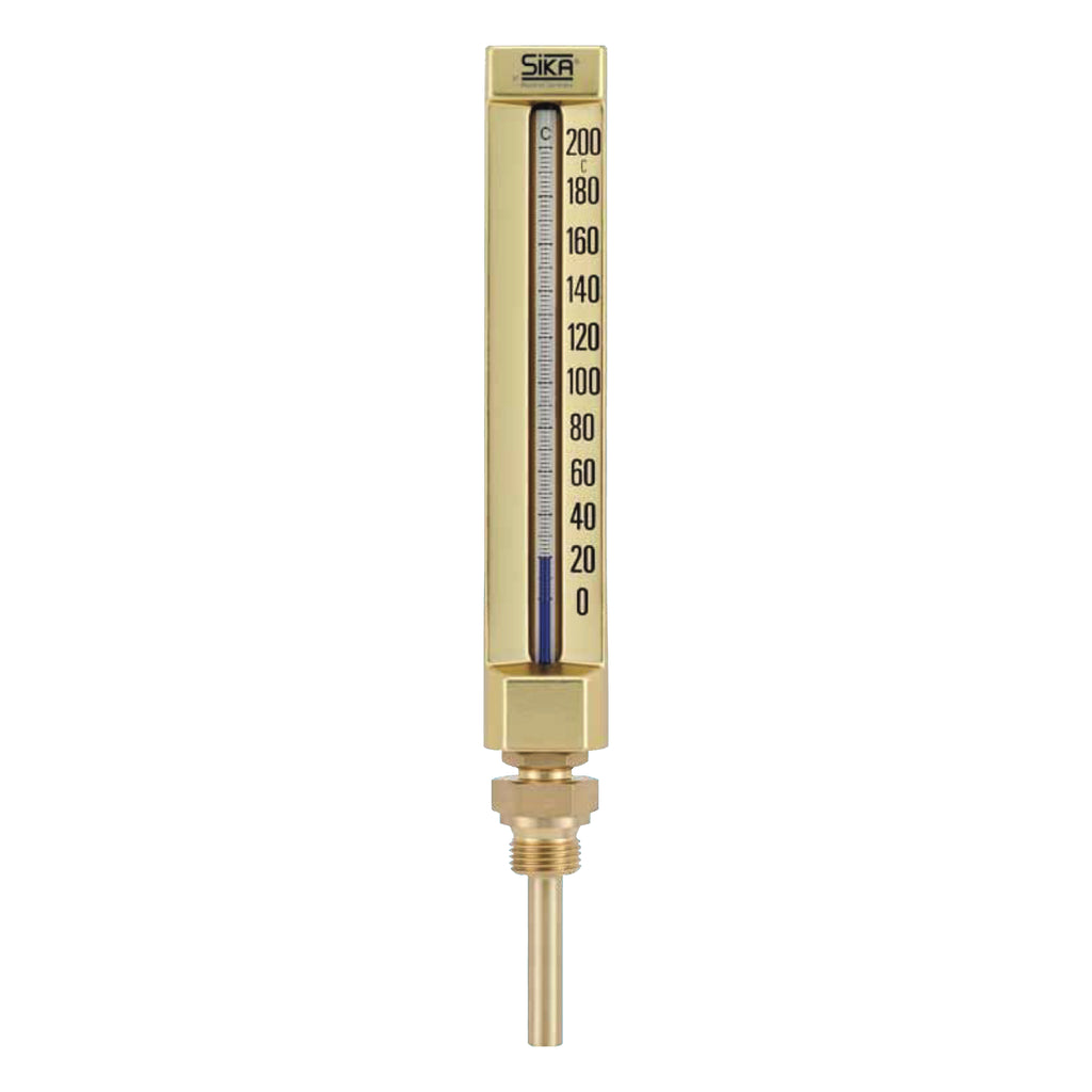 Vertical SIKA V-form machine glass thermometer with brass housing and threaded stem, designed for accurate temperature measurement in industrial, marine, and HVAC applications.