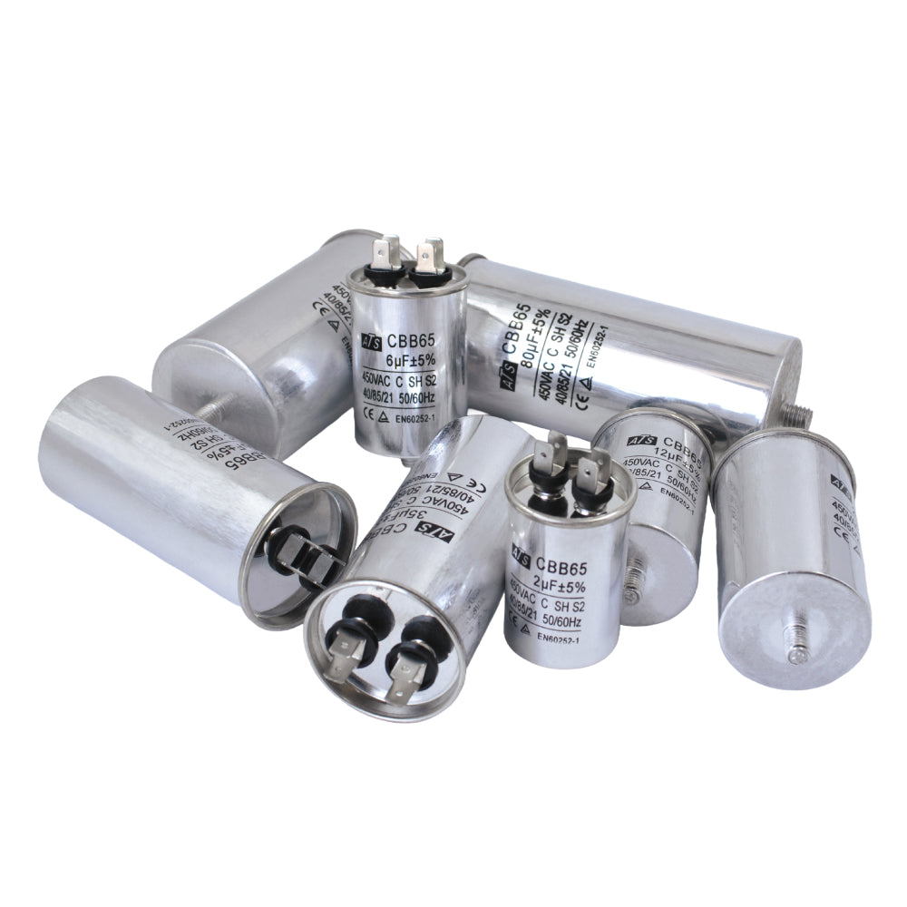 Assorted P2 aluminium motor run capacitors – 450V AC CBB65 metal can capacitors with 2+2 pin terminals and bolt mounts for HVAC and industrial use applications