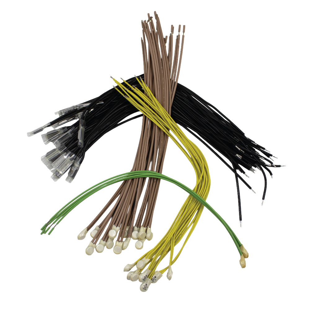 Bundles of coloured wire microtherms with sensor heads, arranged in a fan pattern, used for temperature regulation in electric motors and industrial applications.