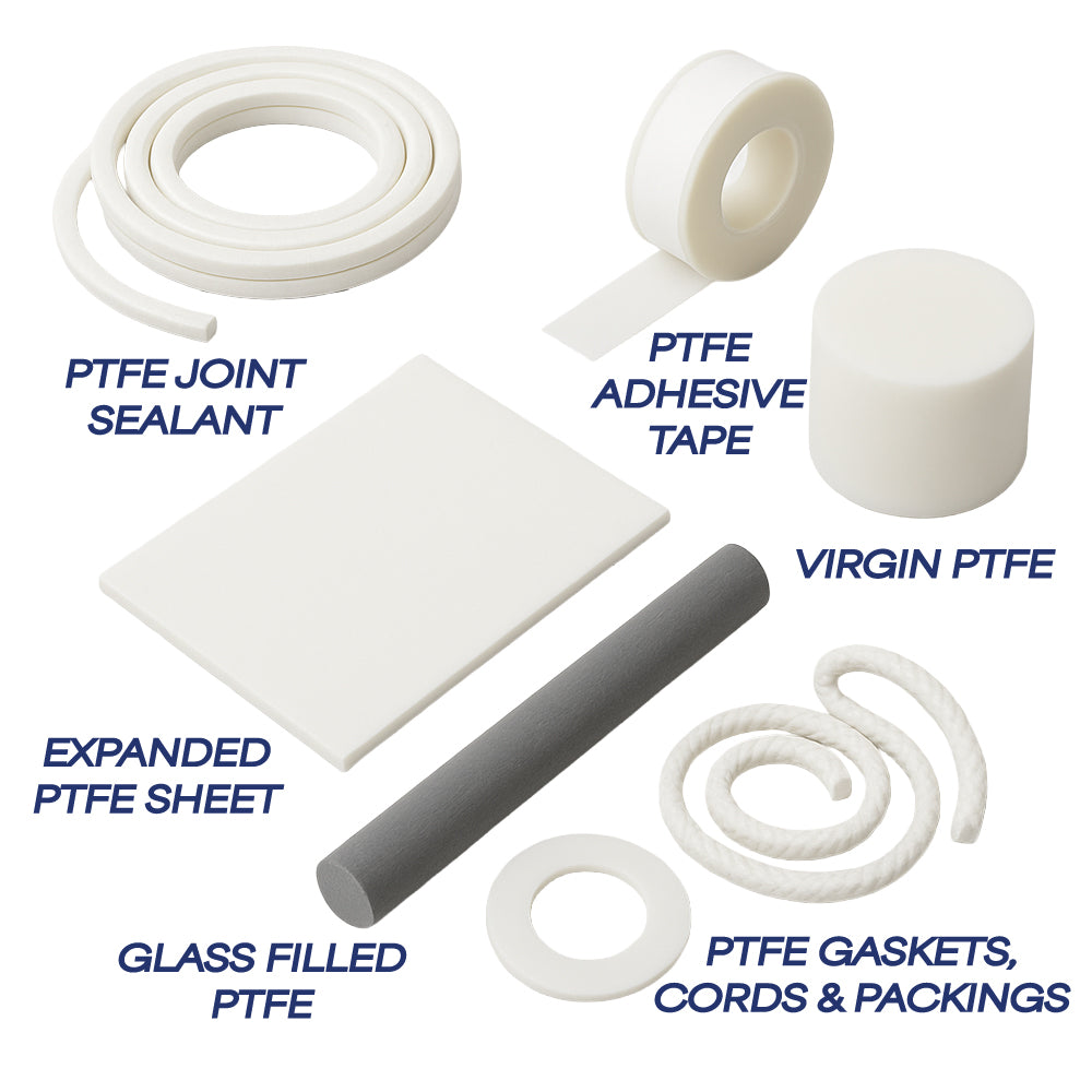 ptfe sealing insulation materials including joint sealant adhesive tape virgin ptfe expanded sheet glass filled rod and ptfe gaskets on light grey background