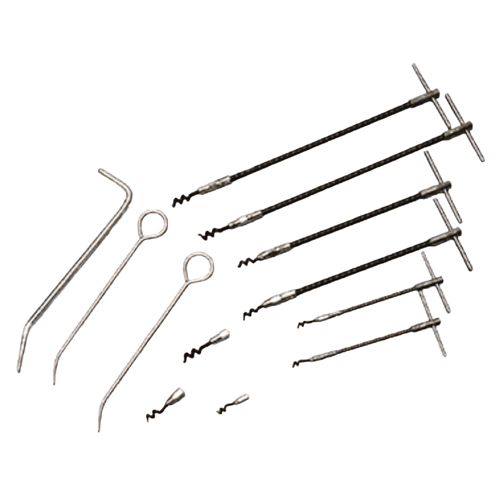 assorted stainless steel packing extractor tools with corkscrew, hook, and pick tips laid out on a light grey background, designed for industrial gland packing removal in pumps and valves