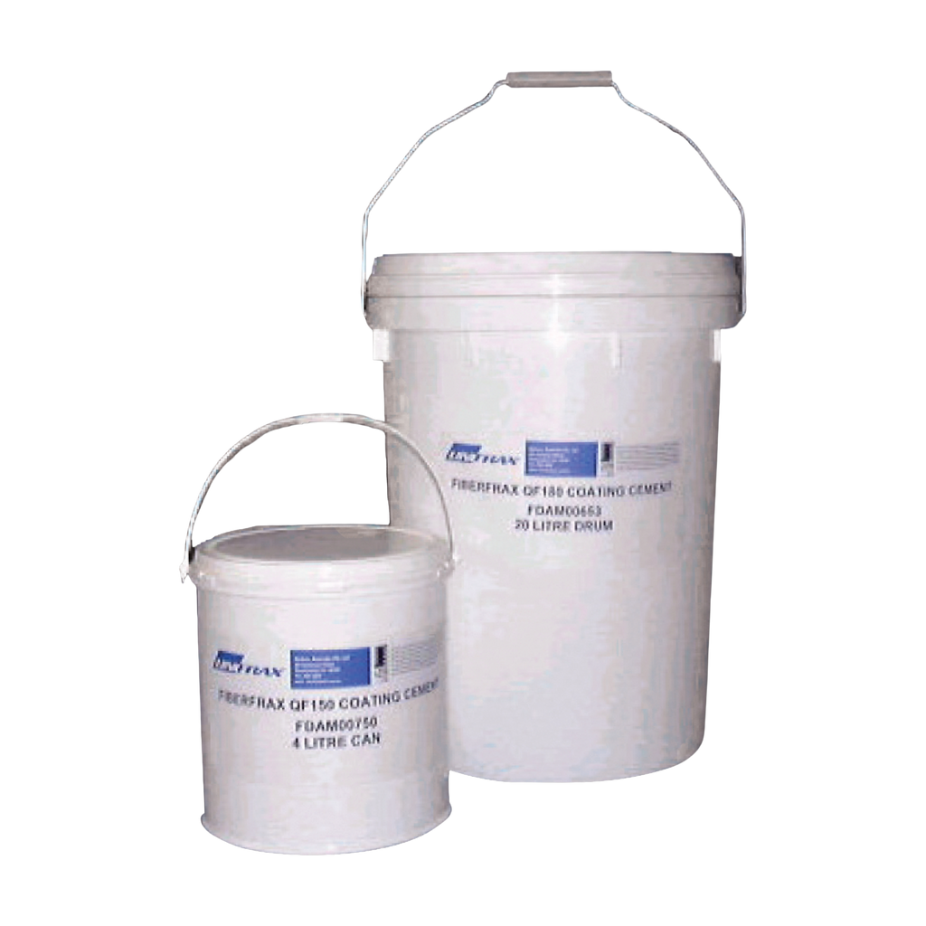 Fiberfrax Q1810 refractory coating buckets in 4-litre and 20-litre sizes for high-temperature erosion and chemical resistance, displayed on pale grey background