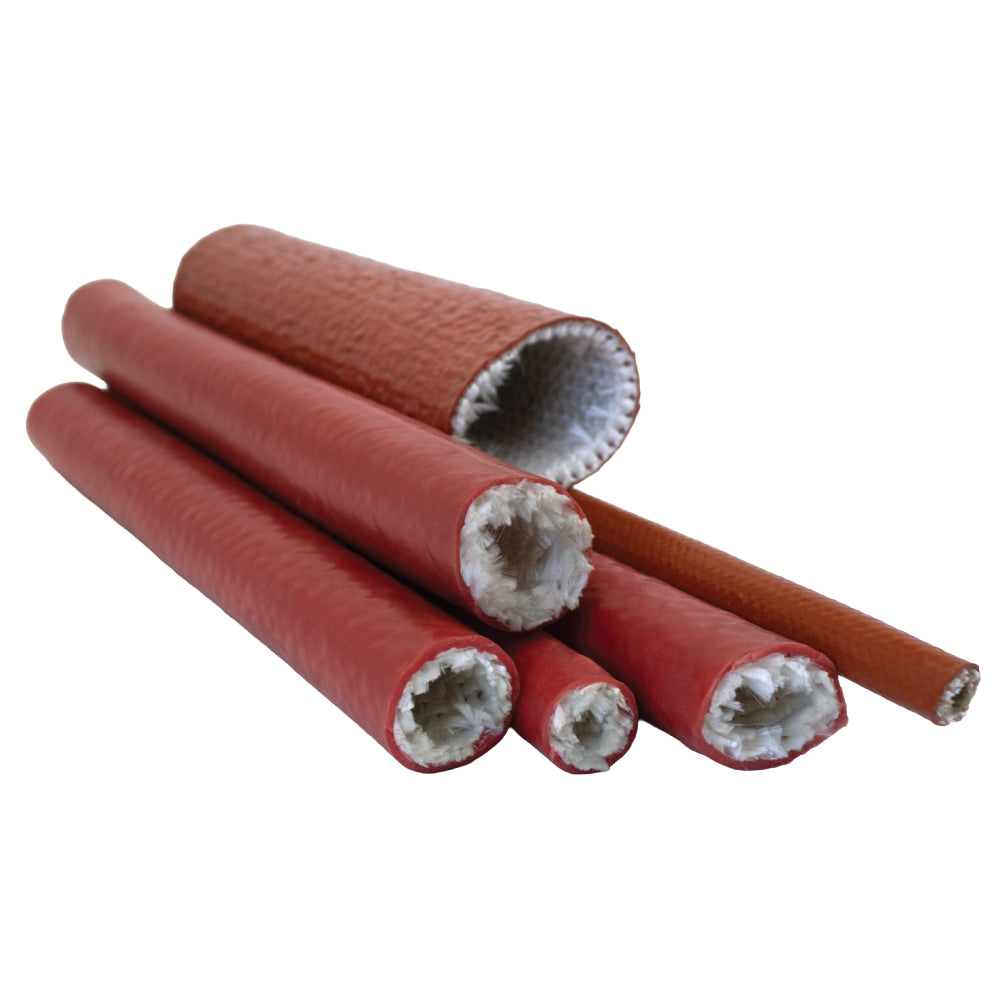cut lengths of red silicone fire sleeving with exposed fibreglass core for industrial cable insulation