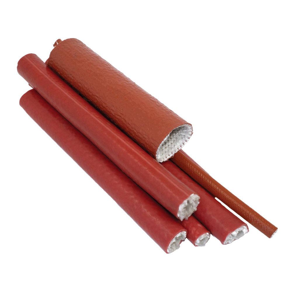 cut lengths of red silicone fire sleeving with exposed fibreglass core for industrial cable insulation