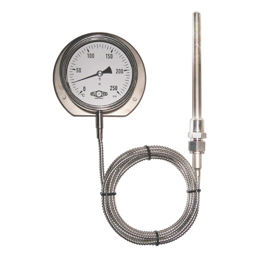 remote reading thermometer with stainless steel dial and flexible capillary sensor for industrial temperature monitoring