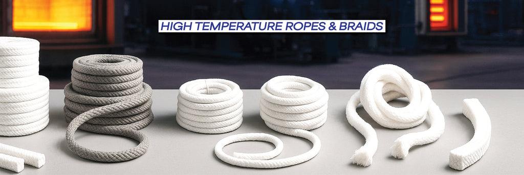 High temperature ropes and braids in various materials for heat insulation, shown with furnaces in background