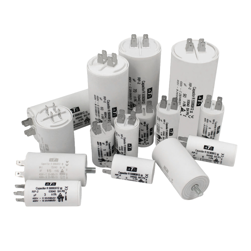 white cylindrical 450V run capacitors with terminal leads arranged by size on a light grey background for HVAC and motor applications