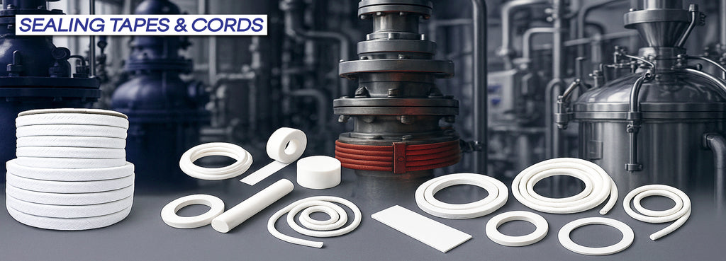 High-temperature sealing tapes and PTFE cords for industrial pipework, valves, and pump insulation applications. Includes expanded PTFE, fibreglass packing, joint sealant, and adhesive-backed tape for steam and chemical systems.