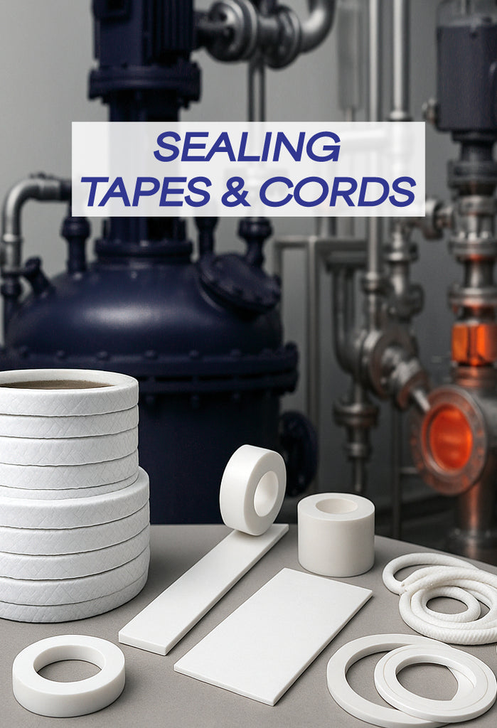 High-temperature sealing tapes and PTFE cords for industrial pipework, valves, and pump insulation applications. Includes expanded PTFE, fibreglass packing, joint sealant, and adhesive-backed tape for steam and chemical systems.