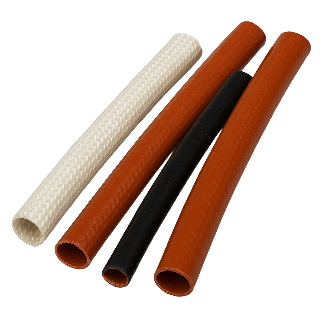 four high-temperature silica insulation sleeves in white, orange, and black colours used for thermal hose protection and cable insulation up to 982°C