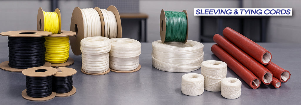 High-temperature sleeving and tying cords displayed on an industrial workbench, including acrylic glass sleeving, fibreglass sleeving, silicone-coated sleeving, PVC tubing, red fire sleeving, and heat-resistant tying cords for electrical insulation and motor rewinding.