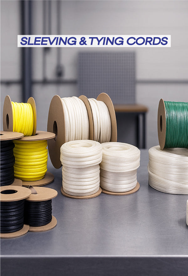 High-temperature sleeving and tying cords displayed on spools atop a stainless steel workbench in an industrial workshop, featuring black, yellow, white, and green sleeving materials used for electrical insulation and motor rewinding.