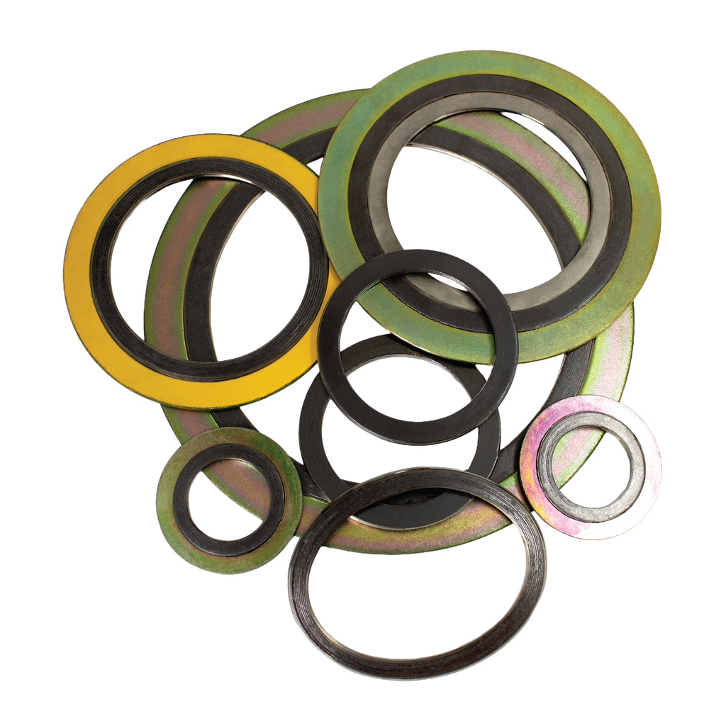 spiral wound gaskets in assorted sizes with colour coded outer rings for high pressure and temperature sealing