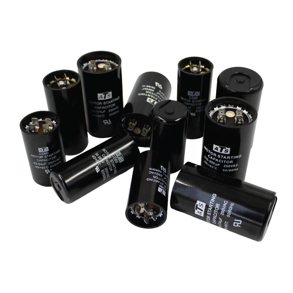 250V motor start capacitors in black cylindrical cases with ATS branding, arranged in a group on a white background, showcasing various terminal types and orientations for industrial electric motor applications.