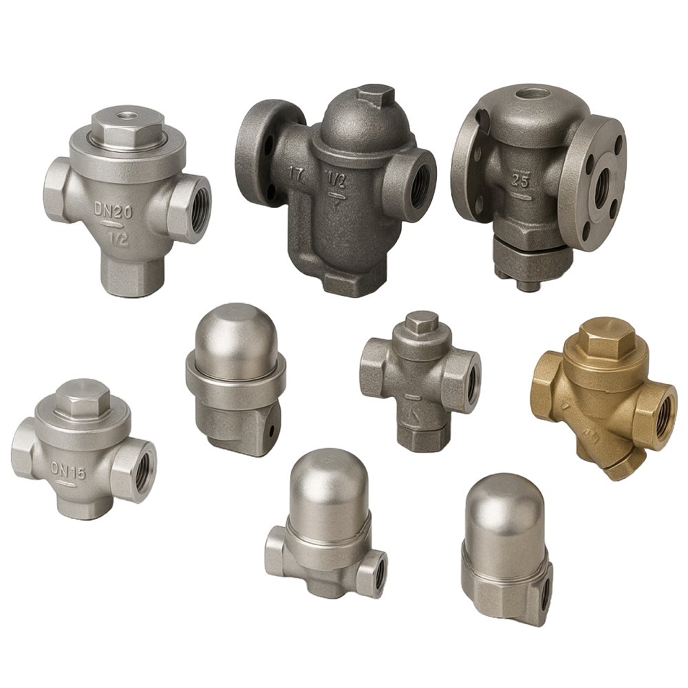 Various steam traps including handwheel-operated, flanged, and threaded types in stainless steel, cast iron, brass, and carbon steel on a light grey background