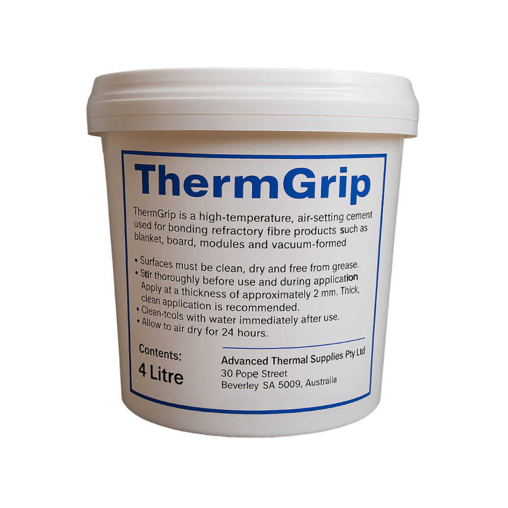 4-litre pail of ThermGrip air-setting cement for high-temperature fibre insulation, supplied by Advanced Thermal Supplies. Suitable for bonding ceramic fibre to steel or refractory surfaces.