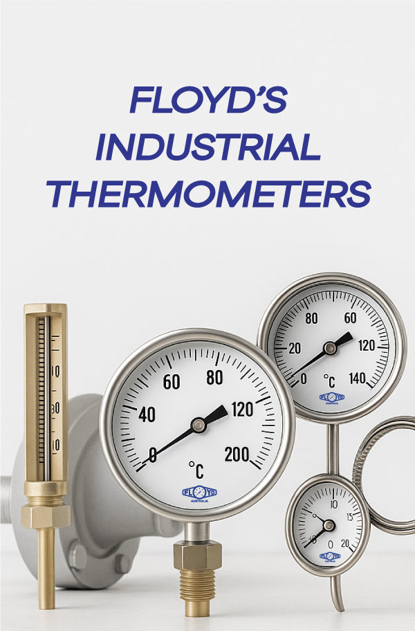 Range of industrial thermometers including machine glass thermometers, bimetal thermometers, remote reading thermometers, and digital thermometers for industrial temperature monitoring