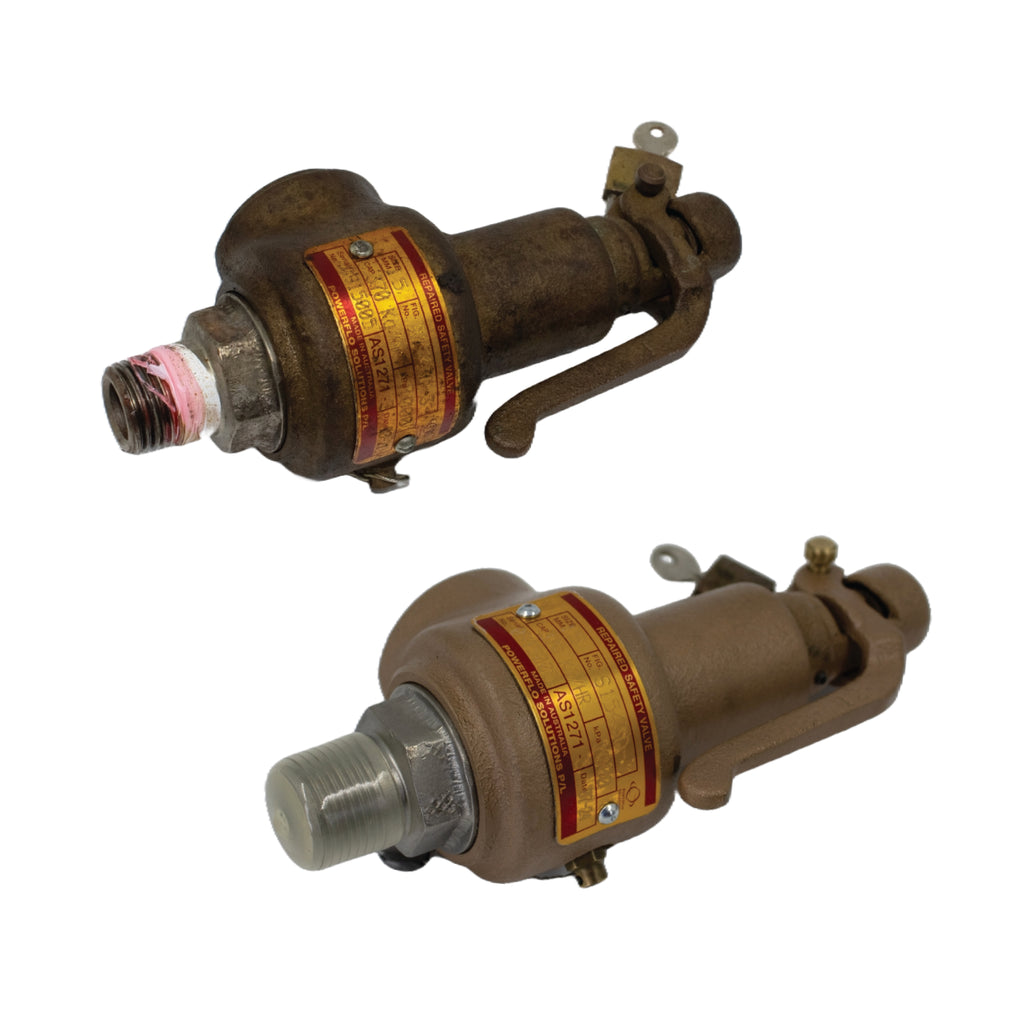 reconditioned industrial safety valves with bronze bodies and inspection tags for performance restoration