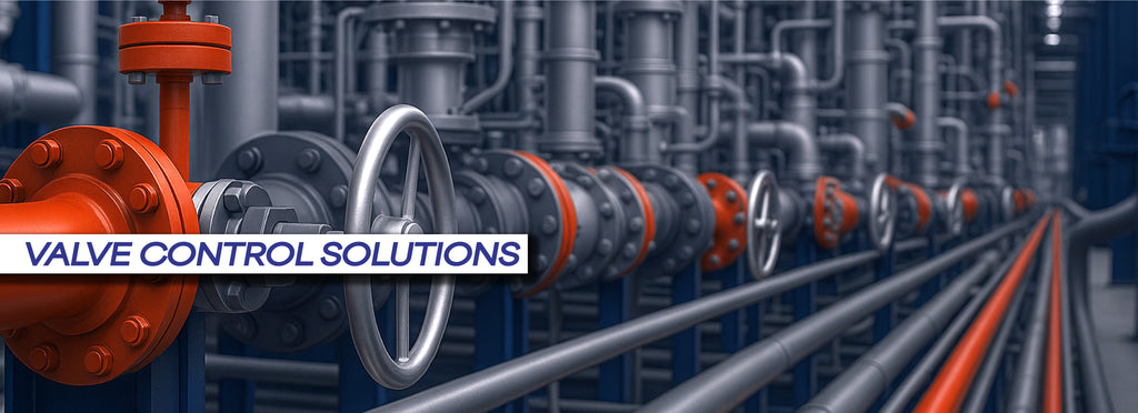 Industrial valve control system with multiple red and silver manual valves mounted on blue pipeline infrastructure for flow regulation.