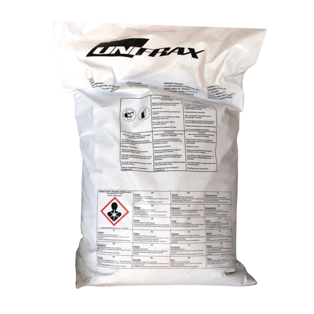 Bag of Fibrefrax Variform castable ceramic fibre insulation material – high-temperature thermal protection rated to 1200°C, used for kilns, furnaces, and industrial linings