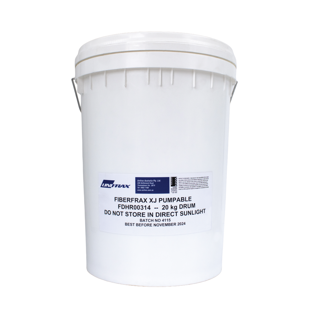 White 20 kg plastic pail labelled “Fiberfrax XJ Pumpable” displayed against a pale grey background, used for high-temperature insulating putty in industrial applications.