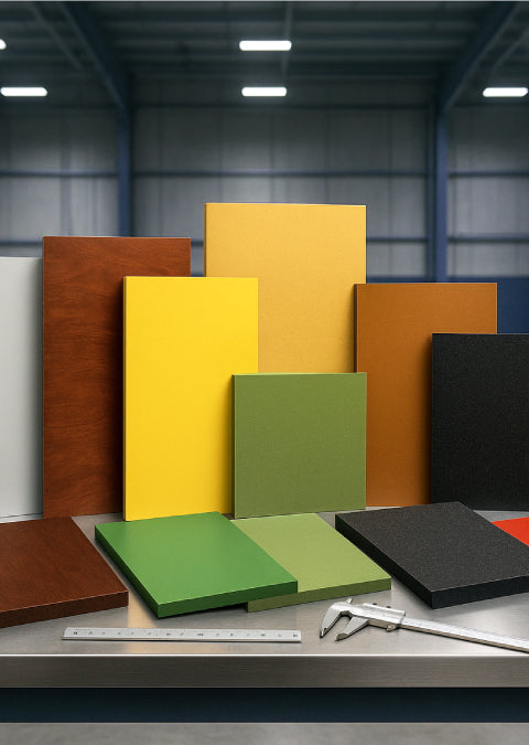 Rigid laminate sheets in multiple colors and sizes with precision measuring tools on industrial workbench - Advanced Thermal Supplies electrical insulation laminate materials