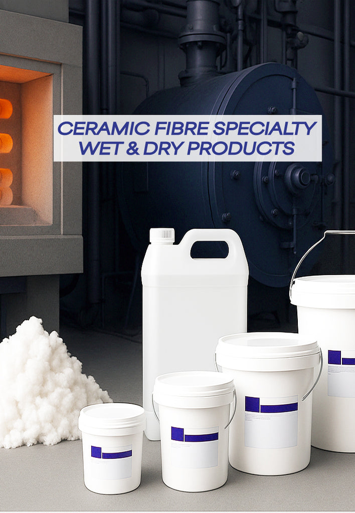 Industrial ceramic fibre products including bulk fibre, pumpables, coatings, and mouldables shown in front of high-temperature furnaces and kilns for thermal insulation applications