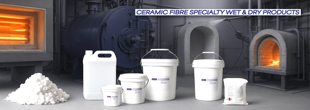 Industrial ceramic fibre products including bulk fibre, pumpables, coatings, and mouldables shown in front of high-temperature furnaces and kilns for thermal insulation applications