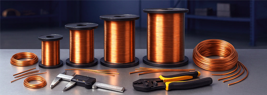 Copper wire spools and loose shanks with precision wire tools on industrial workbench - Advanced Thermal Supplies copper wire collection for motor rewinding and electrical applications