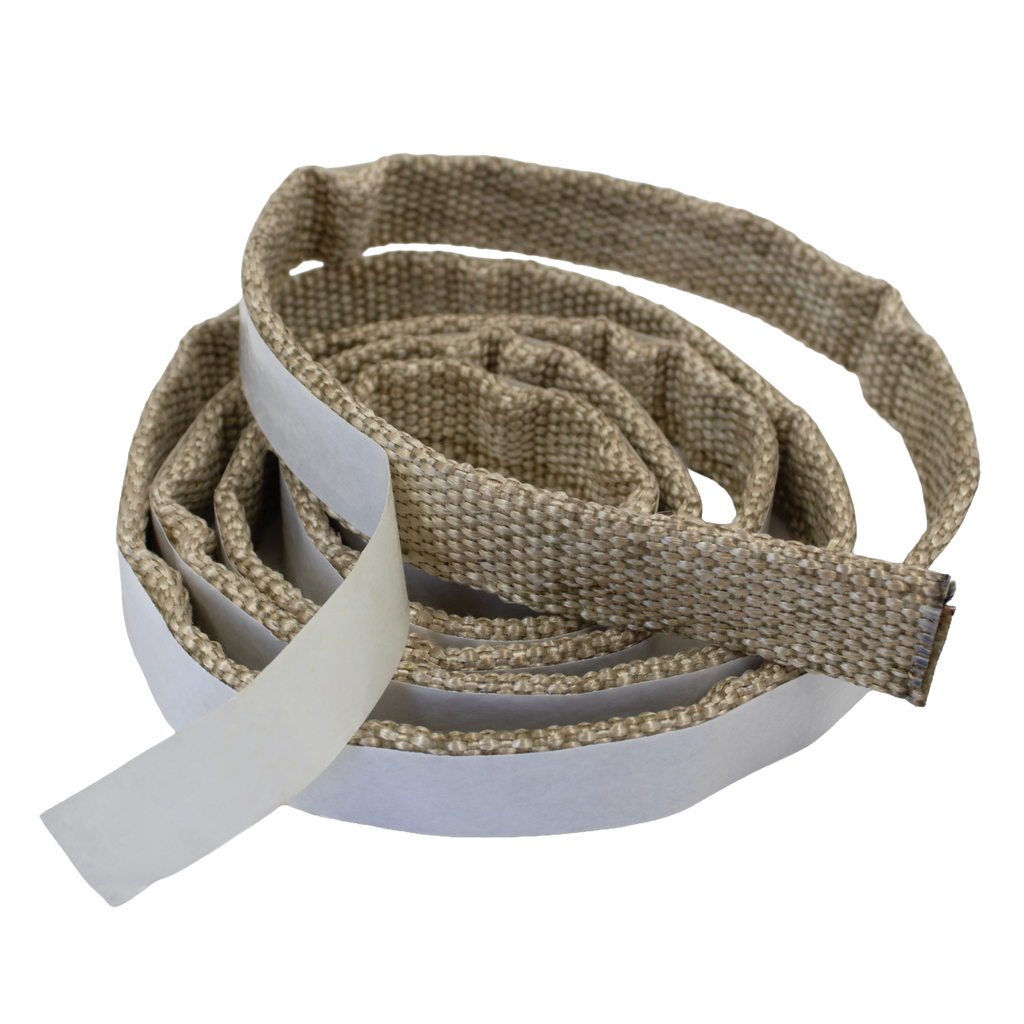 A coiled strip of high-temperature fibreglass folded tape with exposed adhesive backing, designed for thermal insulation and sealing applications