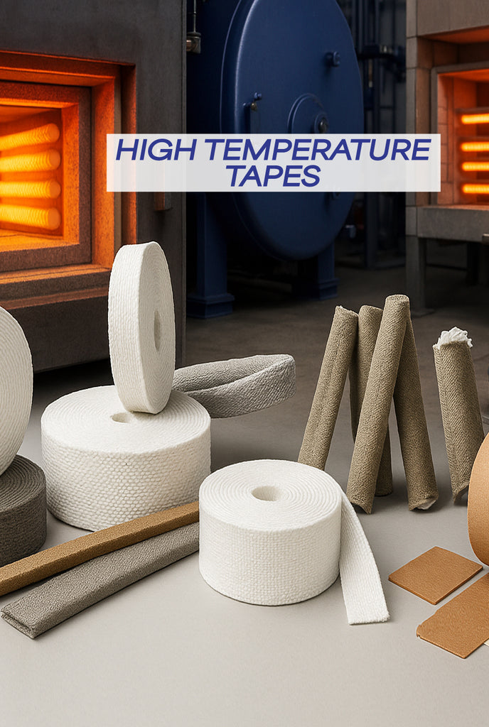 High temperature industrial tapes including fibreglass tape, ceramic fibre tape, basalt tape, and alumina tape with industrial furnaces, boilers, and heating equipment for thermal insulation applications