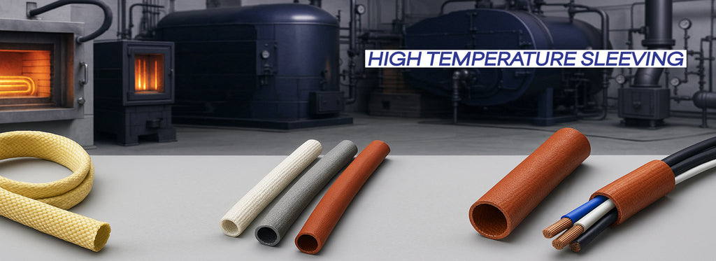 High temperature sleeving options including Kevlar and silicone-coated fibreglass sleeves displayed in front of industrial furnaces and boiler systems, highlighting heat-resistant cable protection solutions.