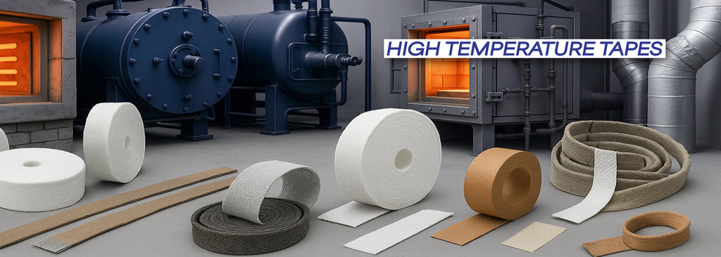 High temperature industrial tapes including fibreglass tape, ceramic fibre tape, basalt tape, and alumina tape with industrial furnaces, boilers, and heating equipment for thermal insulation applications