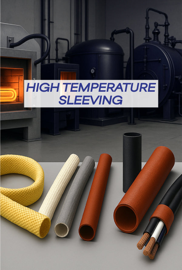 High temperature sleeving options including Kevlar and silicone-coated fibreglass sleeves displayed in front of industrial furnaces and boiler systems, highlighting heat-resistant cable protection solutions.

