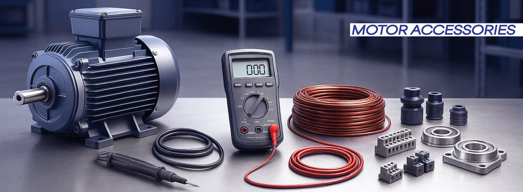 Professional motor accessories and electrical testing equipment arranged on industrial workbench in clean workshop setting - Advanced Thermal Supplies motor components, terminal blocks, insulators and precision tools