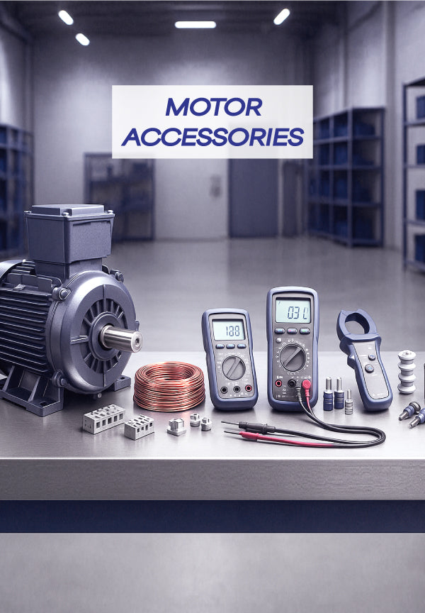 Professional motor accessories and electrical testing equipment arranged on industrial workbench in clean workshop setting - Advanced Thermal Supplies motor components, terminal blocks, insulators and precision tools