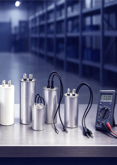 Motor start and run capacitors with electrical testing equipment on industrial workbench - Advanced Thermal Supplies capacitor collection including 125V, 250V, 330V and 450V motor capacitors