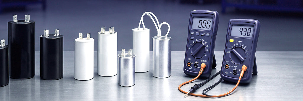Motor start and run capacitors with electrical testing equipment on industrial workbench - Advanced Thermal Supplies capacitor collection including 125V, 250V, 330V and 450V motor capacitors