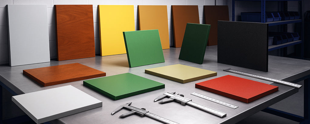 Rigid laminate sheets in multiple colors and sizes with precision measuring tools on industrial workbench - Advanced Thermal Supplies electrical insulation laminate materials