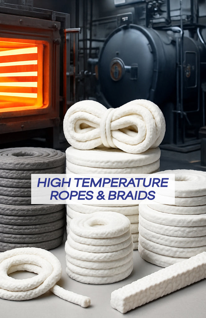 High temperature ropes and braids in various materials for heat insulation, shown with furnaces in background