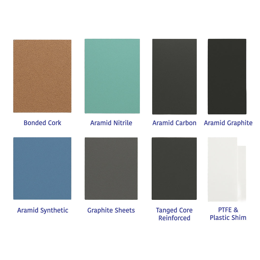 Sheeting materials for industrial gaskets including bonded cork, aramid nitrile, aramid carbon, aramid graphite, aramid synthetic, graphite sheets, tanged core reinforced graphite, PTFE and plastic shim, displayed on a light grey background