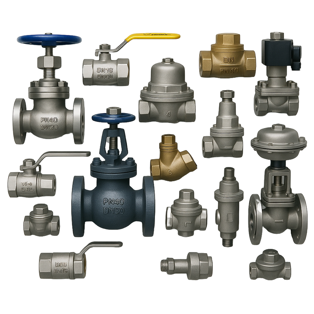 Square layout of industrial steam valves including globe, ball, check, solenoid, and pressure relief types in brass and stainless steel, for boiler and steam system control applications